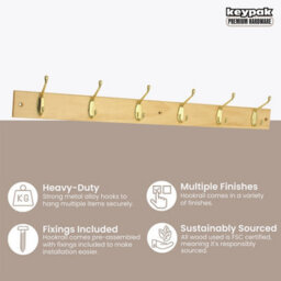 Keypak Coat Rack Wall Mounted Polished Brass 6 Double Hooks - Solid Pine Rack 69Cm Clothes Hanger For Hallway, Bedroom, Bathroom - thumbnail 2