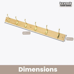 Keypak Coat Rack Wall Mounted Polished Brass 6 Double Hooks - Solid Pine Rack 69Cm Clothes Hanger For Hallway, Bedroom, Bathroom - thumbnail 3