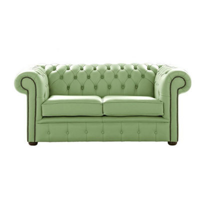 Chesterfield 2 Seater Shelly Pea Green Leather Sofa Settee Bespoke In Classic Style - image 1