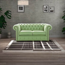 Chesterfield 2 Seater Shelly Pea Green Leather Sofa Settee Bespoke In Classic Style - thumbnail 2