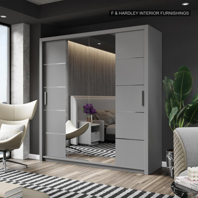 Fhif Dallas 150Cm Grey Sliding Door Wardrobe Modern Bedroom Storage With Full Length Mirror Shelves And Hanging Rails - image 1