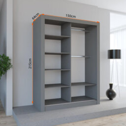 Fhif Dallas 150Cm Grey Sliding Door Wardrobe Modern Bedroom Storage With Full Length Mirror Shelves And Hanging Rails - thumbnail 2