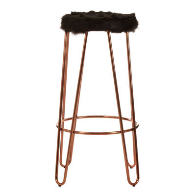 Orsina Contemporary Rose Gold Metal And Black Faux Fur Bar Stool, Hairpin Round Stool, Fur Stool For Kitchen Counter - image 1