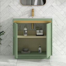Royal Bathrooms Orion 800mm Mint Sage 2 Door Floor Standing Vanity Unit With Carrara White Basin & Brushed Brass Accent Trim - thumbnail 4