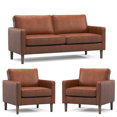 Furnishings For Less UK Bexhill Tan Faux Leather 3 Piece Sofa Suite 3 Seater And 2 Armchairs - image 1