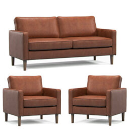 Furnishings For Less UK Bexhill Tan Faux Leather 3 Piece Sofa Suite 3 Seater And 2 Armchairs - thumbnail 1