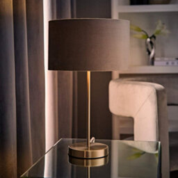 Valuelights Charles Brushed Chrome Table Lamp With Grey Velvet Shade And Bulb - thumbnail 1