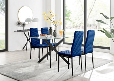 Furniturebox Uk Leonardo Black Leg Glass Dining Table & 4 Navy Velvet Milan Black Leg Chairs - image 1