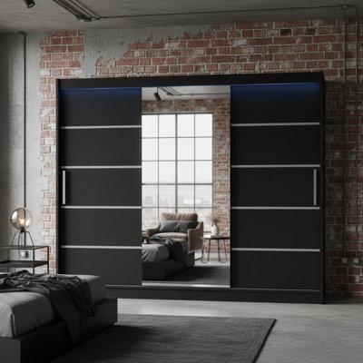 Aston Vi Black Sliding Door Wardrobe Modern Design With Mirror Shelves And Hanging Rails With Led Lighting - image 1