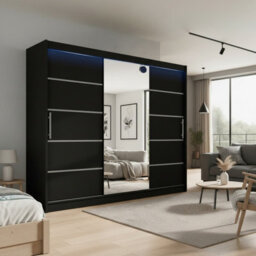 Aston Vi Black Sliding Door Wardrobe Modern Design With Mirror Shelves And Hanging Rails With Led Lighting - thumbnail 3