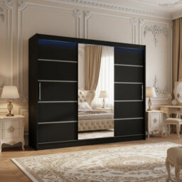 Aston Vi Black Sliding Door Wardrobe Modern Design With Mirror Shelves And Hanging Rails With Led Lighting - thumbnail 2