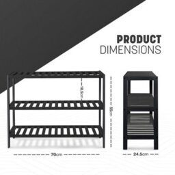Keplin 3 Tier Natural Bamboo Shoe Rack 55X70X55 Cm, Easy Assembly & Strong Design Shelf Organiser, Black - thumbnail 2