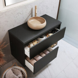 Homestylestore Black Grey 1000mm Led Lit Wall Hung Bathroom Vanity Unit With Round Sand Countertop Basin - thumbnail 2