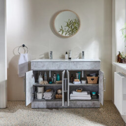 Homestylestore 1210mm Concrete Grey Floorstanding Bathroom Vanity Unit Double Basin And Chrome T Bar Handle - thumbnail 2