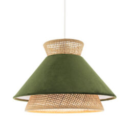 Happy Homewares Designer Dark Olive Velvet And Natural Rattan Pendant Lighting Shade