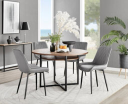 Furniturebox Adley Brown Wood Effect And Black Round Dining Table With Storage Shelf And 4 Grey Velvet Black Leg Pesaro Dining Chairs