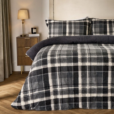 OHS Tartan Check Teddy Fleece Thermal Duvet Cover Bedding Set - image 1