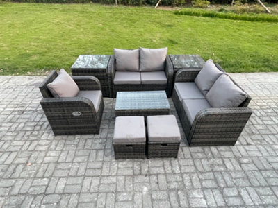 Fimous 7 Seater Rattan Garden Furniture Set With Loveseat Sofa Coffee Table 2 Small Footstools 2 Side Tables Indoor Outdoor - image 1