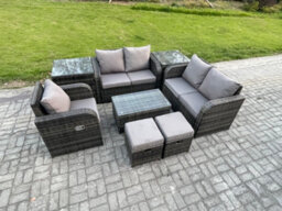 Fimous 7 Seater Rattan Garden Furniture Set With Loveseat Sofa Coffee Table 2 Small Footstools 2 Side Tables Indoor Outdoor - thumbnail 2
