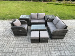 Fimous 7 Seater Rattan Garden Furniture Set With Loveseat Sofa Coffee Table 2 Small Footstools 2 Side Tables Indoor Outdoor - thumbnail 1