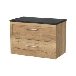 Balterley Stonnall Traditional Wall Hung 2 Drawers Vanity Unit With Black Pietra Marble Laminate Worktop, 800mm, Autumn Oak - thumbnail 1