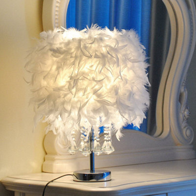 Living And Home White Modern Feather Bedside Table Lamp With Crystal Pendant 30 X 45 Cm - image 1