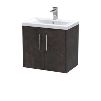 Hudson Reed Juno Wall Hung 2 Soft Close Door Vanity Unit With Mid-Edge Ceramic Basin In Metallic Slate Finish, 610mm - image 1