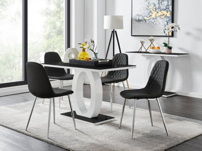 Furniturebox Giovani Rectangular 4 Seat White High Gloss Unique Halo Dining Table Black Glass Top 4 Black Faux Leather Silver Leg Corona Chairs - image 1