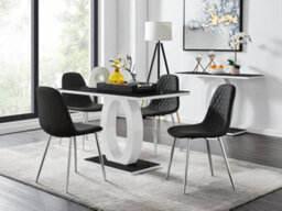 Furniturebox Giovani Rectangular 4 Seat White High Gloss Unique Halo Dining Table Black Glass Top 4 Black Faux Leather Silver Leg Corona Chairs - thumbnail 1