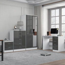 Reflect 2 Door Mirror Wardrobe, 5 Drawer Chest, 2 Drawer Bedside & Desk - Grey Gloss & Matt White - Modern Bedroom Furniture Set