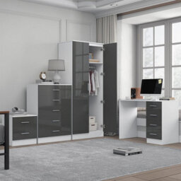 Reflect 2 Door Mirror Wardrobe, 5 Drawer Chest, 2 Drawer Bedside & Desk - Grey Gloss & Matt White - Modern Bedroom Furniture Set - thumbnail 2