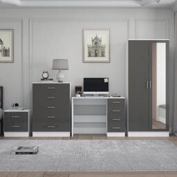 Reflect 2 Door Mirror Wardrobe, 5 Drawer Chest, 2 Drawer Bedside & Desk - Grey Gloss & Matt White - Modern Bedroom Furniture Set - thumbnail 3