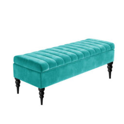 90Cm Sierra Striped Ottoman Storage Bench With Black Turned Wooden Legs - Teal Plush Velvet Upholstered Shoes Bench