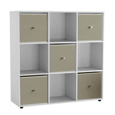 Urbn-Living 9 Cube White Wooden Bookcase Shelving Unit With 5 Collapsible Fabric Drawers Pastel Beign - image 1