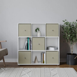 Urbn-Living 9 Cube White Wooden Bookcase Shelving Unit With 5 Collapsible Fabric Drawers Pastel Beign - thumbnail 2