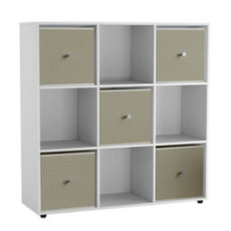 Urbn-Living 9 Cube White Wooden Bookcase Shelving Unit With 5 Collapsible Fabric Drawers Pastel Beign