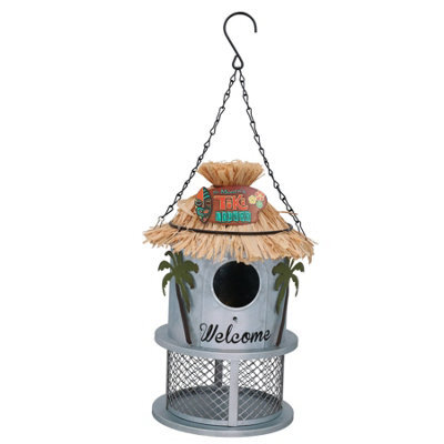 AB Tools Funky Metal Silver Tiki Bar Bird Feeder Seed Nuts Wild Bird Garden Decor 14X25Cm - image 1