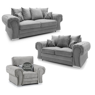 Furnishings For Less UK Milan Fabric 3 Piece Sofa Suite Grey Scatter Back Chesterfield Style - image 1