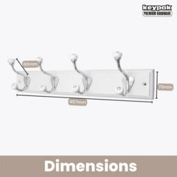 Keypak 4-Hook Wall-Mounted Coat Rack, 45Cm - White Board, Ceramic Tip Coat Hooks - Fixings Included - thumbnail 4