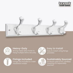 Keypak 4-Hook Wall-Mounted Coat Rack, 45Cm - White Board, Ceramic Tip Coat Hooks - Fixings Included - thumbnail 3