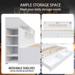 Btm 4Ft6 Double Sofa Bed 135X190Cm, With Drawers, Shelves   Cabinets, Storage Daybed, White - thumbnail 7