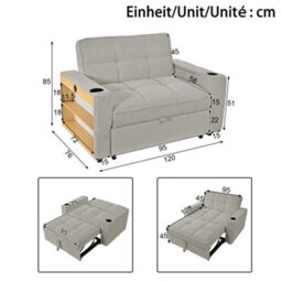 Abrihome 2 Seater Sofa Bed With 7-Colour Led Lights, Corduroy Sleeper Sofa, Cup Holders & Storage, Pull-Out Design, Grey - thumbnail 2