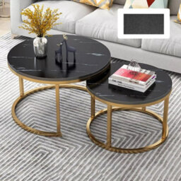 Set Of 2 Round Nesting Coffee & Side Tables - Modern Marble Effect Tops With Black Metal Legs
