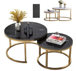 Set Of 2 Round Nesting Coffee & Side Tables - Modern Marble Effect Tops With Black Metal Legs - thumbnail 2