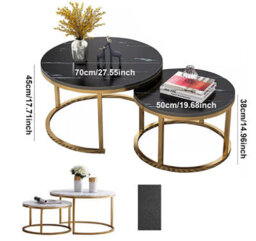 Set Of 2 Round Nesting Coffee & Side Tables - Modern Marble Effect Tops With Black Metal Legs - thumbnail 3