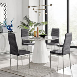 Furniturebox Uk Palma White Marble Effect Round Dining Table & 4 Grey Milan Chrome Leg Chairs - thumbnail 1