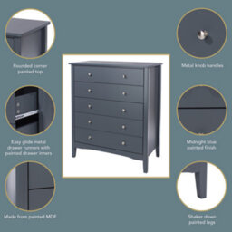 Core Products Como 5 Drawer Midnight Blue Chest Of Drawers, H101.0Cm X W83.0Cm X D43.0Cm - thumbnail 7