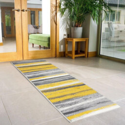 Bravich Hard Wearing Hessian Backed Stair Runner Kitchen Mat- Texas Abstract Lines Yellow, Grey & White - 60X720Cm (2'x24')