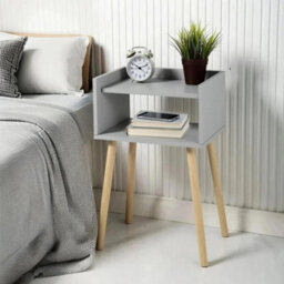 Grey Bedside Table Nightstand Tall Wooden Side Table With Pinewood Legs And Shelf Modern Storage Stand H60Xl40Xw30Cm - thumbnail 4