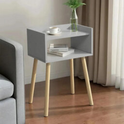 Grey Bedside Table Nightstand Tall Wooden Side Table With Pinewood Legs And Shelf Modern Storage Stand H60Xl40Xw30Cm - thumbnail 2